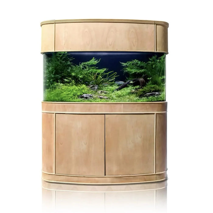 AQUA VIM 130g Seamless Glass Bowfront Reef-Ready Aquarium Set in Unstained Wood Furniture